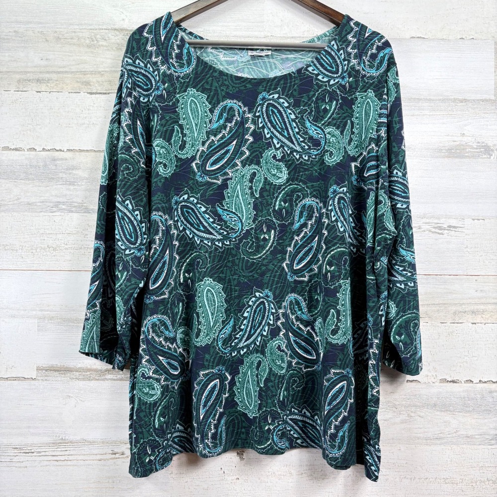 Croft & Barrow Paisley Top Womens 3X Green 3/4 Sleeve Scoop Neck‎ Boho Chic